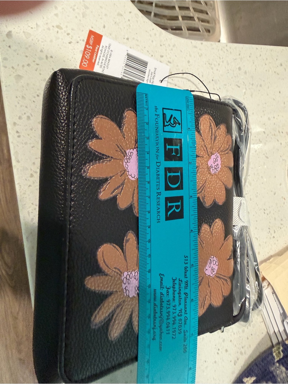 Vera Bradley Black Floral Crossbody Wristlet with Brown Flowers
